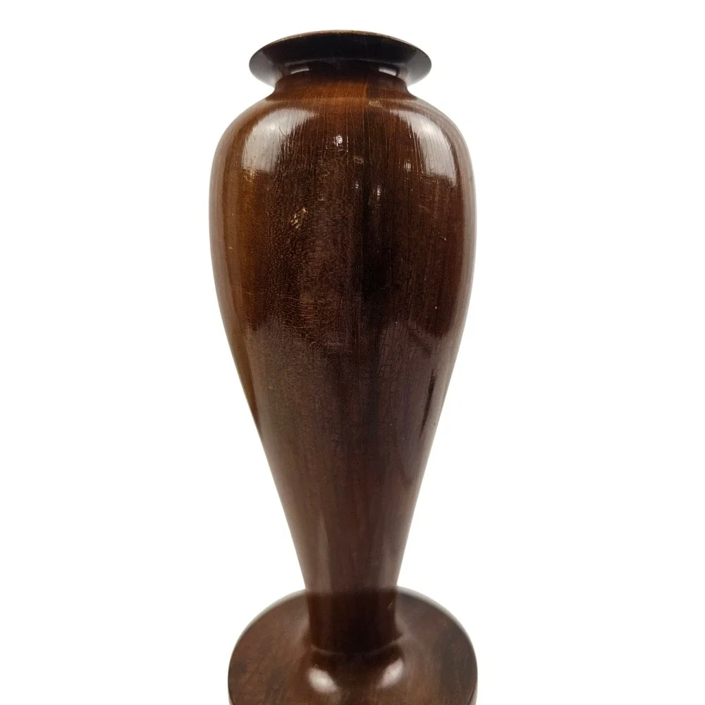Vintage Hand Turned Dark Brown Wood Bud Vase 7.5 Inch Mid Century Modern Decor